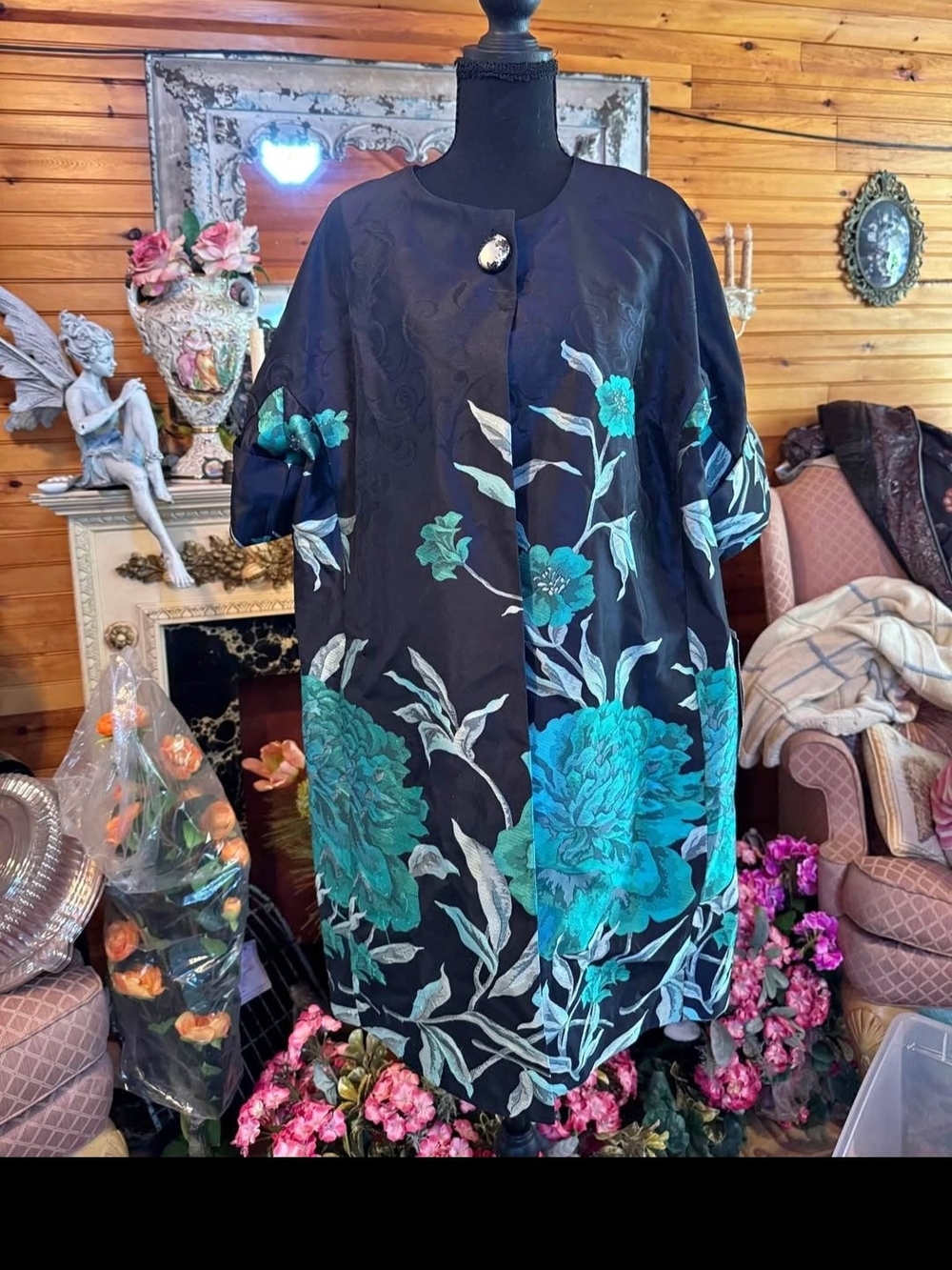 Joseph Ribkoff Black Midi Jacket with Teal Floral Print